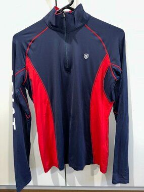 Ariat Sunstopper Team 1/4 Zip Baselayer Navy Red Riding Shirt